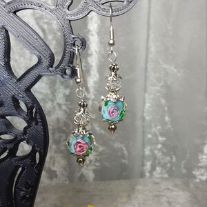 Handmade crystal Rose Earrings Blue Pink